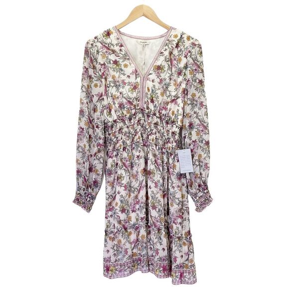 NWT Max Studio Smocked Cream Pink Floral Bird Print Mini Dress Size Medium NEW - Picture 2 of 15
